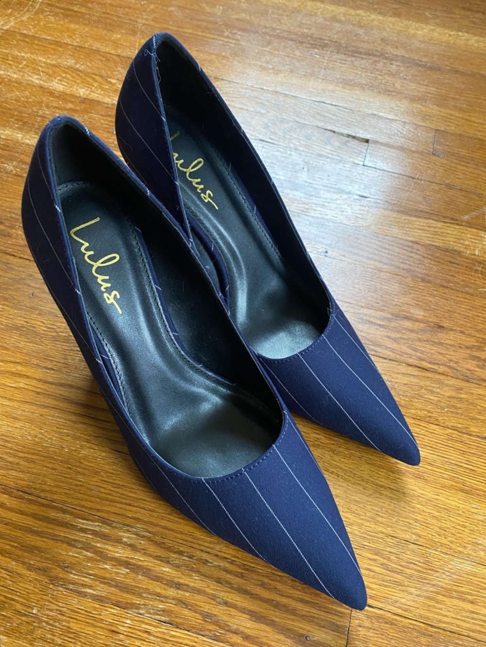 Lulu's Navy Pinstripe Pointed Pumps